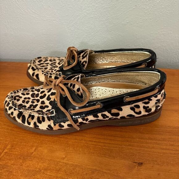 Sperry Top Sider Calf Hair Leopard Boat Shoes Dark Brown Patent Leather Size 7 - Picture 4 of 8